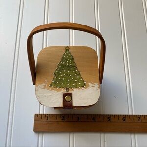 Festive Tiny Wooden Basket with Green Tree Design